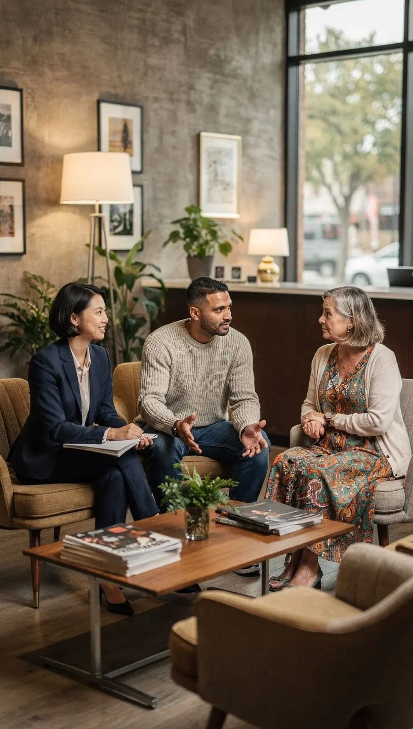 Zorganizowana strefa spotkań z jasnymi kolorami i nowoczesnym wyposażeniem.