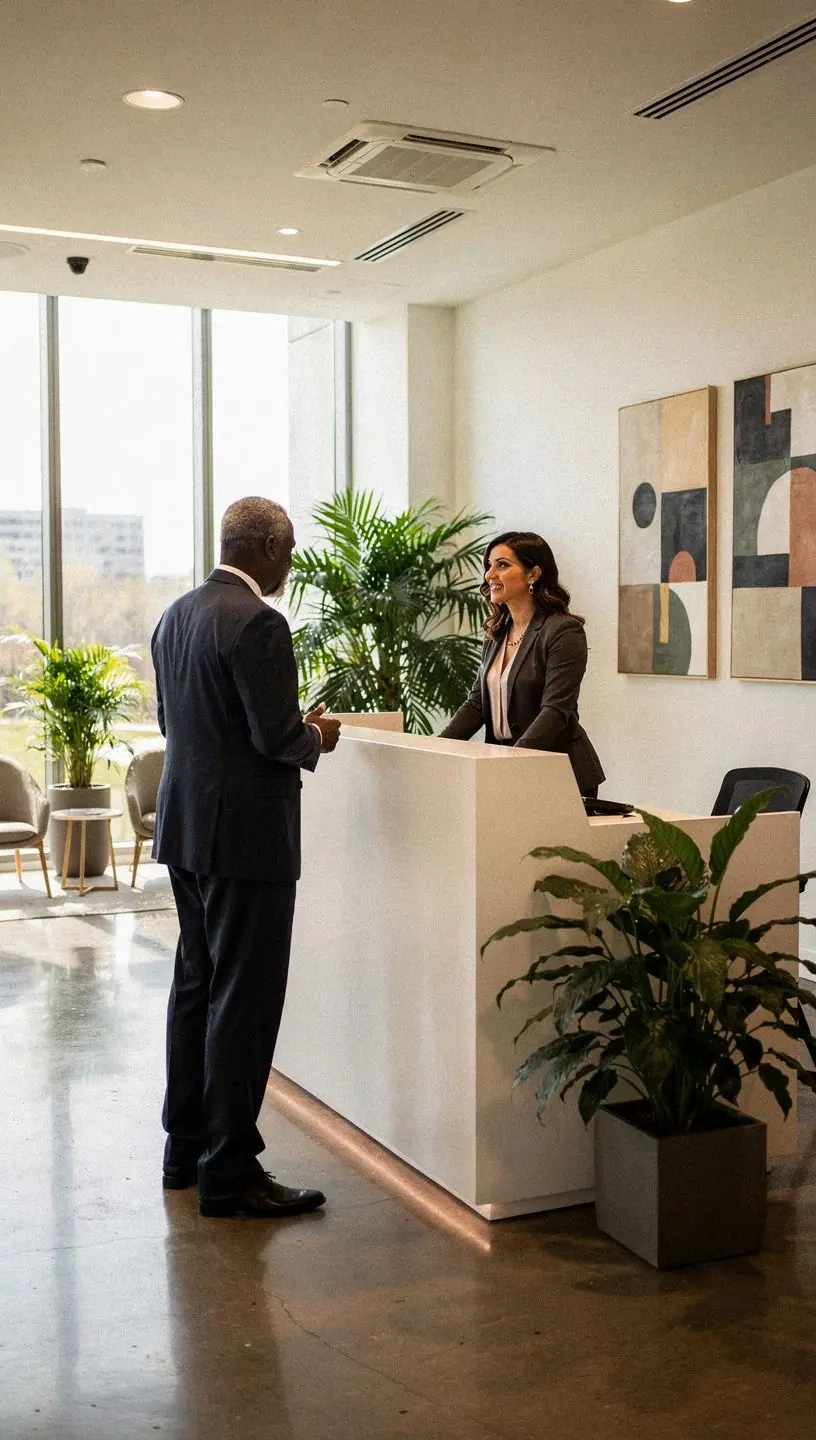 Przejrzysty układ biura z wyraźnymi ścieżkami komunikacyjnymi dla gości.