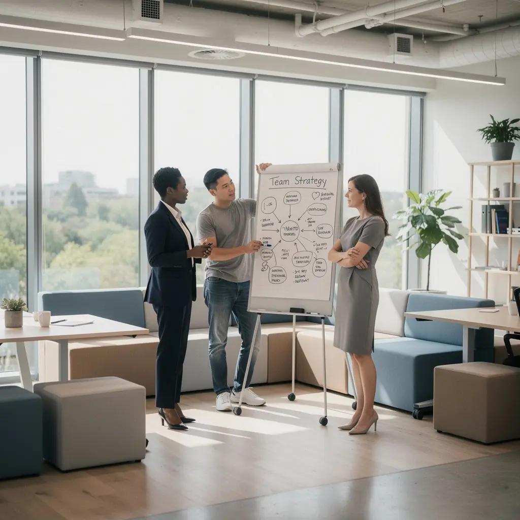 Nowoczesne biuro z przestronnym recepcjonem i wygodnymi miejscami do siedzenia.